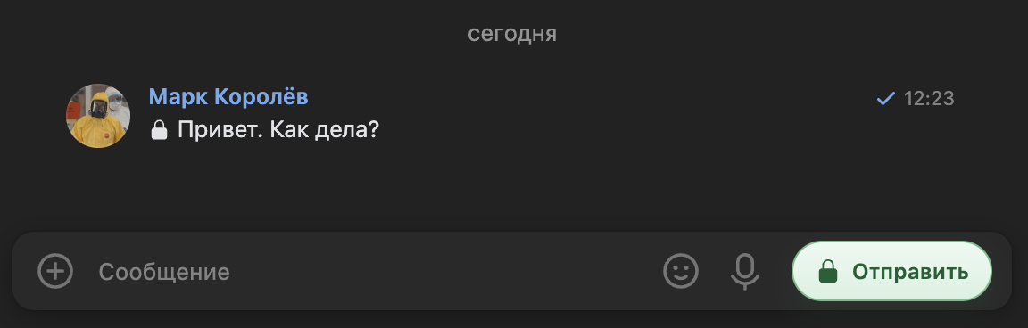 Расшифрованное сообщение с зелёным замком в чате ВКонтакте